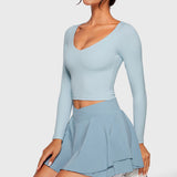 Women's Natrelax V-Neck Long Sleeve Tops Blue Linen